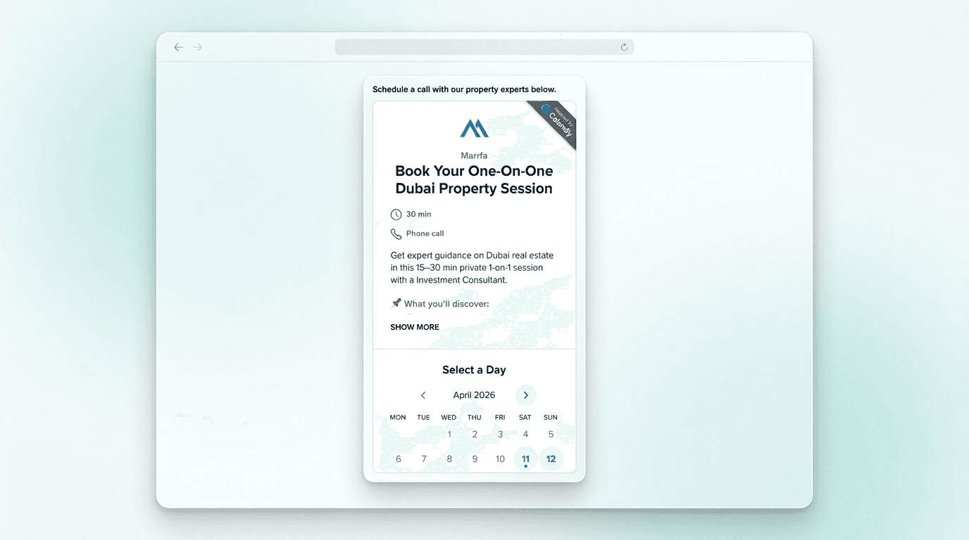 Schedule a one-on-one Dubai property session with Marrfa experts directly in chat