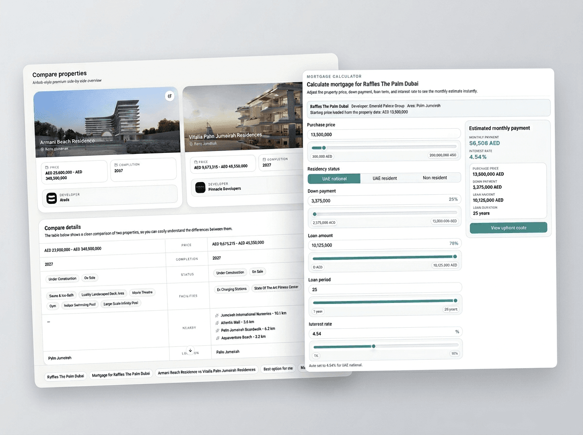 Side-by-side property comparison and mortgage calculator tools in Marrfa AI